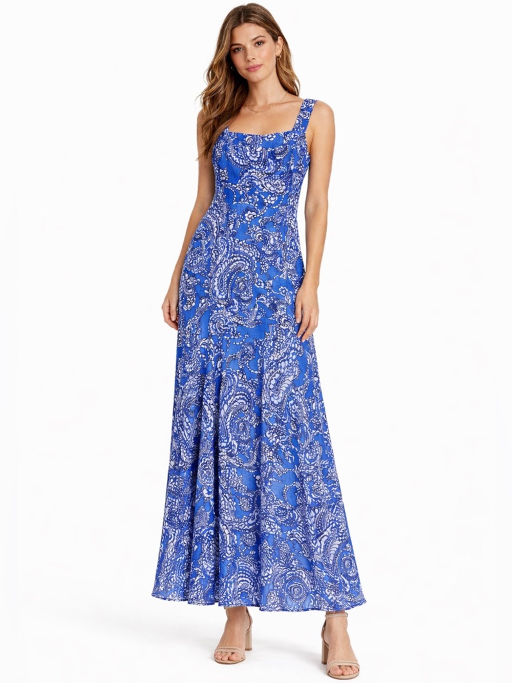 Vince Camuto Blue Paisley Maxi Dress Sleeveless Square Neck Boho Flowy Resort